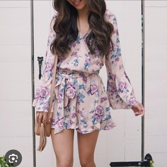 American Eagle Outfitters Pants - American Eagle, Feminine pink, floral wrap romper, long bell sleeves Size XXS